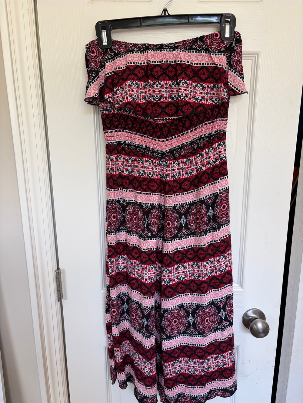 Charlotte Russe Pink, Black & Red Off-Shoulder Printed Jumpsuit